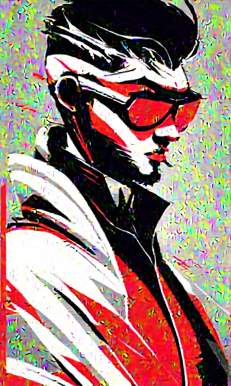 horned handsome person with white hair, in black sunglasses, in red shirt and black jacket, zxs <lora:zxs:1>