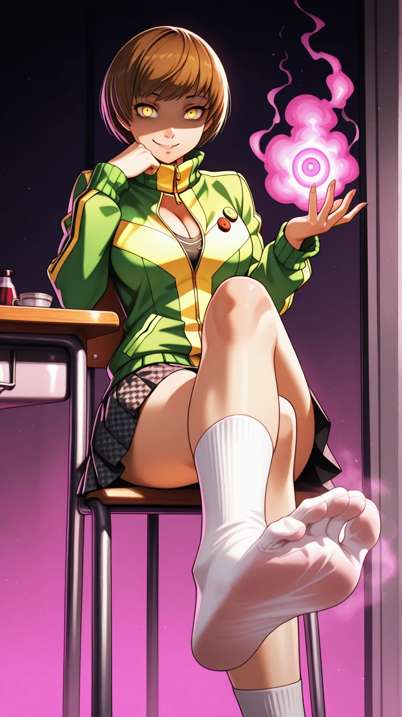 (1girl, solo, alone), (WakatsukiRisa, Sarada Uchiha, short hair, black hair black eyes, red glasses), ((solo, (1woman, pink lipstick, (small breasts)), Extremely detailed, ambient soft lighting, 4k, perfect eyes, a perfect face, perfect lighting, a 1girl)), (((nurse cap, revealing clothes, shrug (clothing), short sleeves, (layered bikini:1.3), purple bikini, green bikini, green gloves, elbow gloves, pink belt, black skirt, microskirt, green thighhighs, garter straps, (sexy convention:1.5), (inside, auditorium, convention background), high ceiling, crowded))), sexy