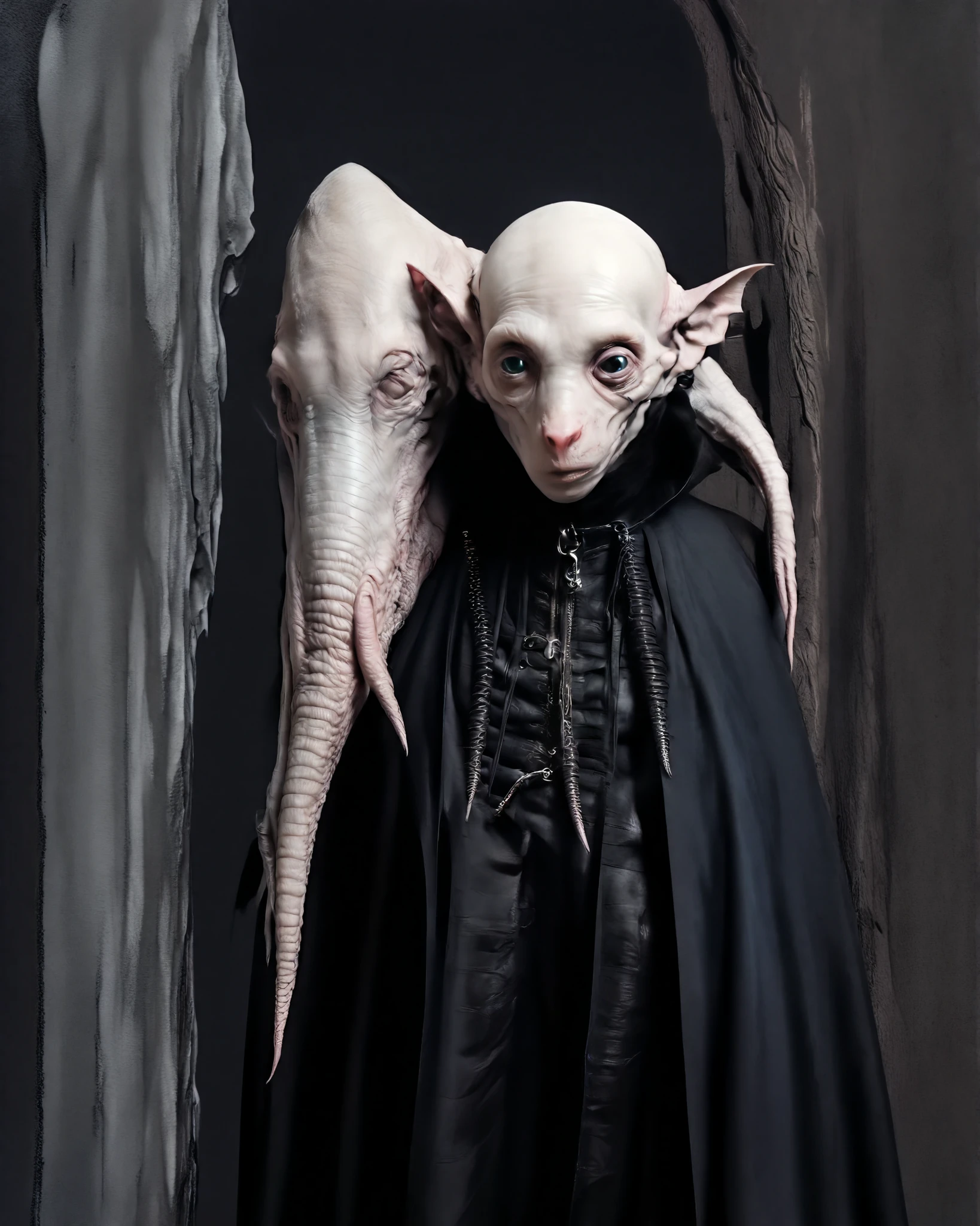 Hyperrealistic Nosferatu inspired, photography, trendy close up, Making an impossible move, perspective, dark background, strange, dead animals in a Gothic castle, leather, extreme and sinister fetish, straps and zippers, fetishist, sadomasochism, Extremely bizarre, until