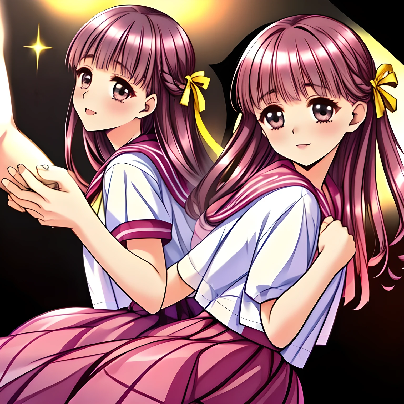 (highest quality, masterpiece:1.5), highest quality, High resolution, 1080p, 8K, (Too beautiful, neatest elder Sakuragi mai, Girl's love-story comic heroine, ((Too much beloved)) noble grown beautiful beautiful lady with detailed is in a darkness, Lean back, controlling my mind and heart by her charm and uniform and skirt, telling me sweetest hypnotizing words, understands my deep hidden desire very well with her profound intelligence: 1.4), (laughing white face with unreal beauty, overflowing with translucence: 1.0), ((Neatest (Sakuragi Mai)'s light-pink sailor-style school uniform and ((middle length plaid skirt)): 1.6)), (Too beautiful dreamy eyes and neatness charm me), (Nothing background except darkness, shiny foreground: 1.9), ((purity and neatness is very impressing): 1.8), (focus on her skirt, from side behind: 1.9), (Beautiful blue eyes), (shiny pink super-long wavy hair, braids-half-up), (golden ear accessories and pendant), (Diamond rings)