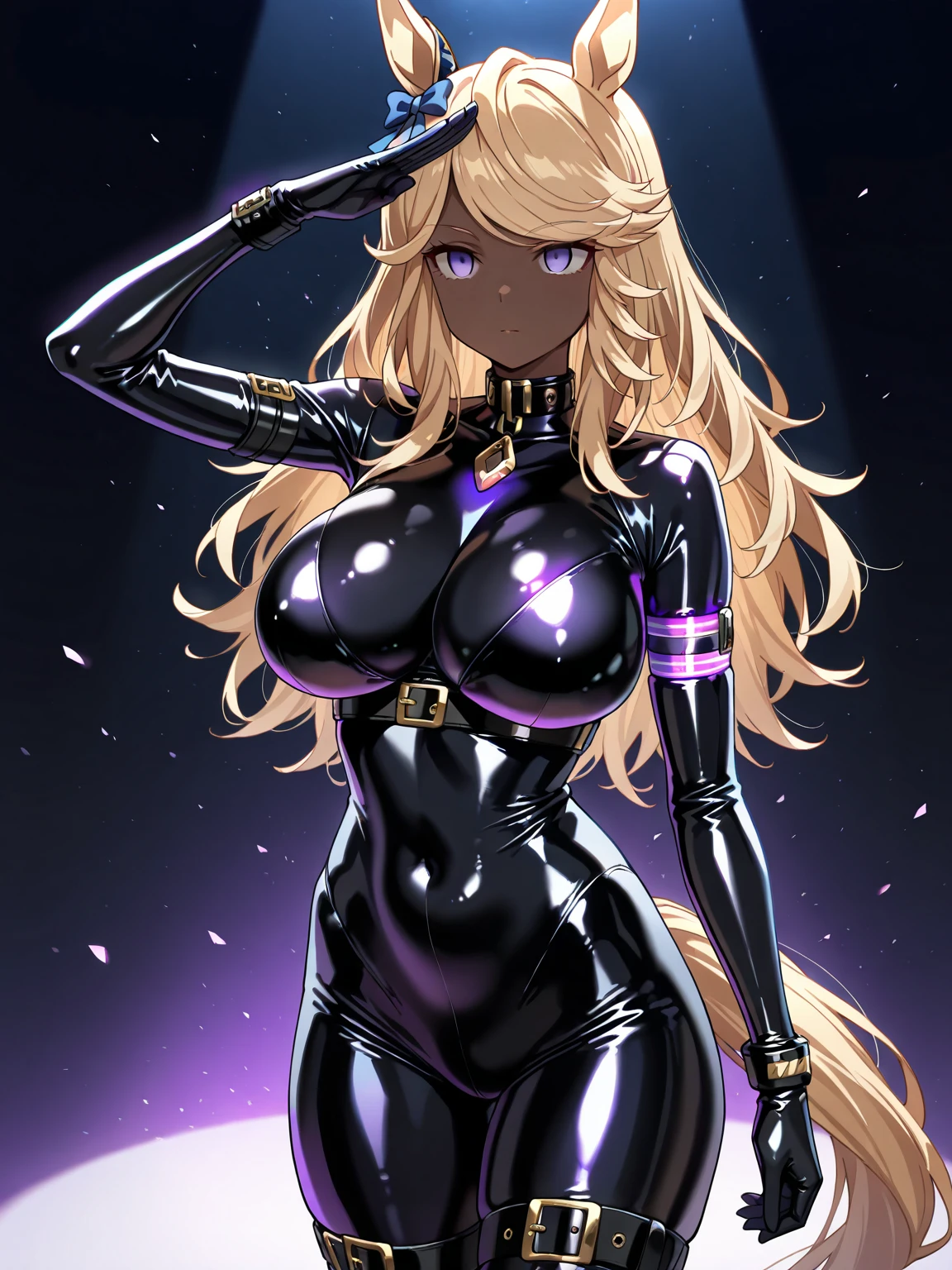 NSFW,One Woman, From below、Full body, Arched back,​masterpiece、beautiful  lighting、Detailed beautiful face、Detailed beautiful eyes、hight resolution、Ultra-fine illustration、extremely delicate and beautiful、top-quality、Curvaceous、grin,(A MILF:1.2),30s、Head tilt、raise arms、hands behind head、Show off your pants、(a blond:1.5,hair messy、oblique bangs、length hair、Purple eyes)、(drooing eyes、The eyes are detailed and beautiful、Kamimei),(Competitive swimsuit、small tits、Pichi Pichi clothes)、Armpit:1.7、(shinny hair, Glossy eyes, shinny skin), (glistning skin、a little dark skin:1.7) 、Watch your audience、under the boobs、blushed、Blushing cheeks、(panthyhose:1.5)、The navel is visible、abdominals