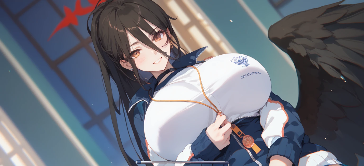 ((masterpiece)), ((best quality)), (ultra-detailed), ((kawaii)), cute, (lovely), ((sexy)), (ero), ((extremely detailed)), 4K, (8K), best quality, (beautiful), anime style, dynamic angle, upper body, folding arms, focus on the face, office, morning, a cute girl, 1girl, solo, suit, beautiful light brown hair, beautiful purple eyes, ((beautiful eyes)), white-skinned, ponytail, large breast, glasses, earrings, necklace, light smile, lens flare, wind effect