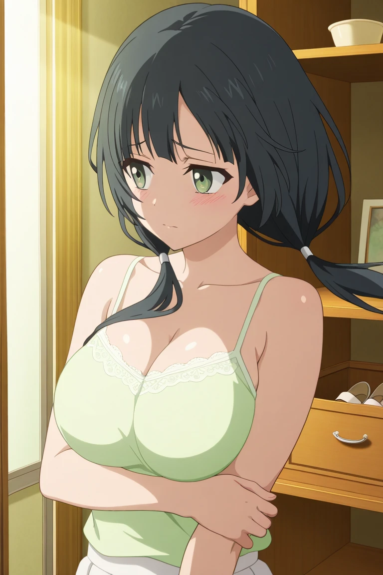 (masterpiece:1.2, best quality), (finely detailed beautiful eyes: 1.2), (extremely detailed CG unity 8k wallpaper, masterpiece, best quality, ultra-detailed), (masterpiece, best quality:1.2), 1girl, female solo, big breasts, rounded breasts, shining breasts, perfect eyes, perfect face, perfect body, seductive, smile, looking at viewer, cleavage, mio, makeup, hair ribbon, hair ornament, hairband, light blue lace bra, light blue lace panties, light blue lace lingerie, no clothes, no cloth
