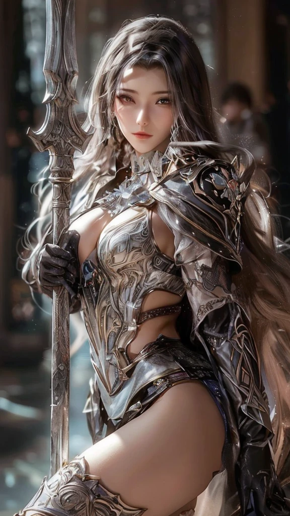 Female , white hair , Large breasts,Silver armor panty,tiara crown,dramatics , sword ,