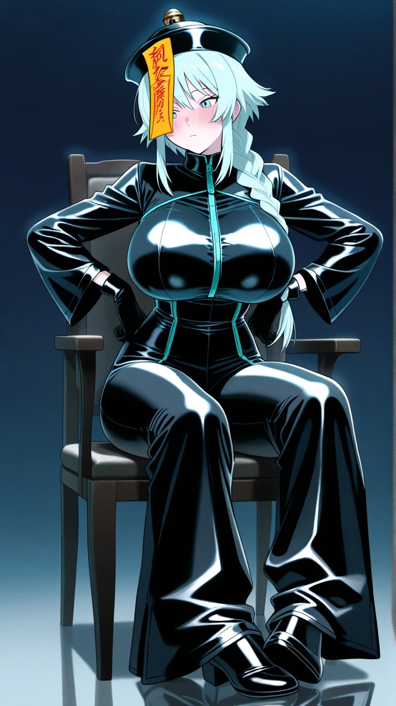 1girl, utsushimi kemii, boku no hero academia \\\\\ masterpiece, best quality, very aesthetic, absurdres, newest \\\\\\ slim body,///// by dodok,by nyantcha,cutesexyrobutts , by khyle,,//////light brown hair  , cap,  black catsuit .  , dark brown eyes, zipper running down the middle, left slightly down to reveal her cleavage, sitting, crossed legs
