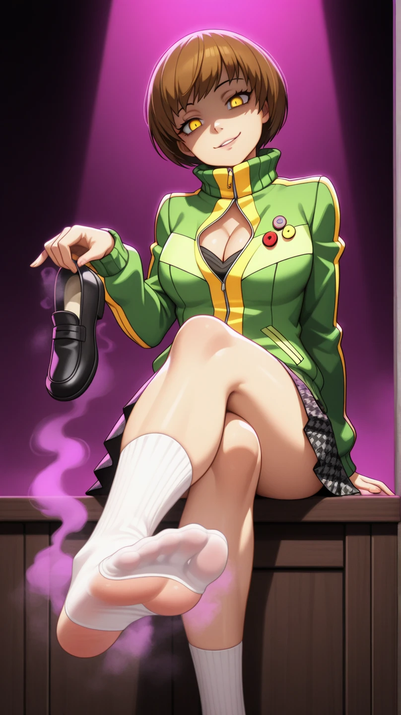 (1girl, solo, alone), (WakatsukiRisa, Sarada Uchiha, black hair, short hair, black eyes, red glasses), ((solo, (1woman, (small bust), pink lipstick, black eyes), Extremely detailed, ambient soft lighting, 4k, perfect eyes, a perfect face, perfect lighting, a 1girl)), ((fitness,, shapely body, athletic body, toned body)), ((green outfit, white panties, standing, showing her panties, lifting her dress, Bottom angle, embarrassed girl, flushed face, maid costume, ecchi, half thigh, stocking -pants, red tie, showing shoulders, high collar, sleeveless)), ((on top on the table, counter, bar, saloon, bottle of drinks))