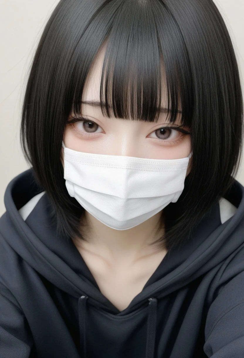 Japan young beautiful woman. Shorthair with black hair. Wearing a white mask. Wearing a white shirt. I'm laughing. The background is Shibuya