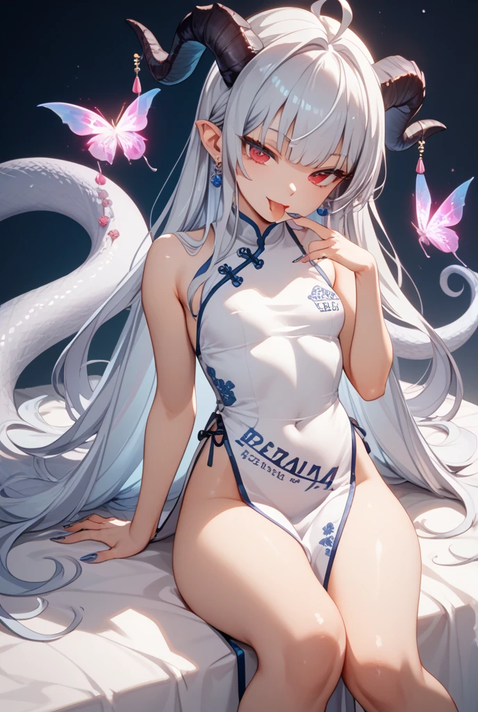 Super cute anthropomorphic white snake, in one's underwear only, Detailed White Snake, charming big eyes, Super fine,, Elegant Pose, charming big eyes, Ultra-Detailed Effects, with an intricate, Horned serpent, illusion engine, Octane Rendering, 8K, Luxury,length hair,Twintail,neon color,Red crystal eyes,Silk Detail See-Through Lingerie,Touching the head of a snake,nighttime scene,细致背景,Detailed snake face,Slimy skin,Pointed face,Python,((ultra gorgeous)),swarovski