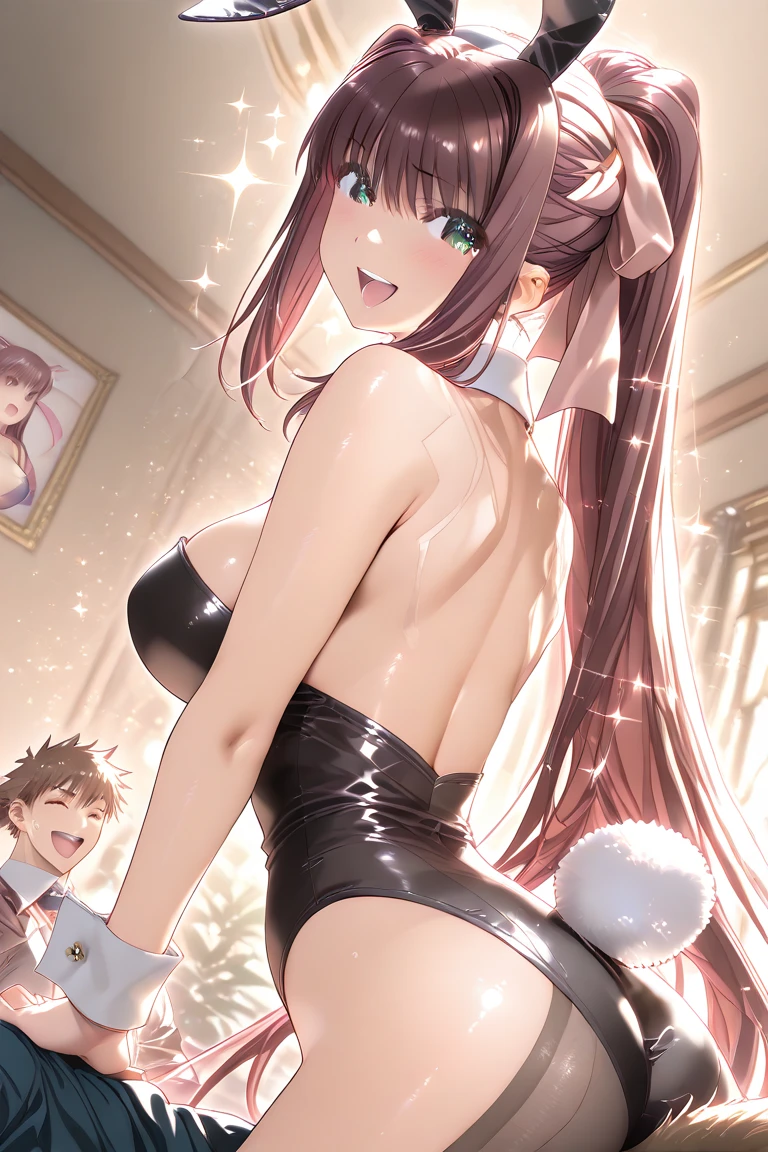 checkered floor, multiple girls, rabbit ears, 2girls, nipples, brown long hair, animal ears, breasts, checkered, pole dancing, stripper pole, wrist cuffs, stage, playboy bunny, neon lights, nude, cuffs, shibuya rin, fake animal ears, standing, pole, spotlight, medium breasts, rabbit tail, green eyes, shimamura uzuki, big breasts, brown eyes, brown long hair 