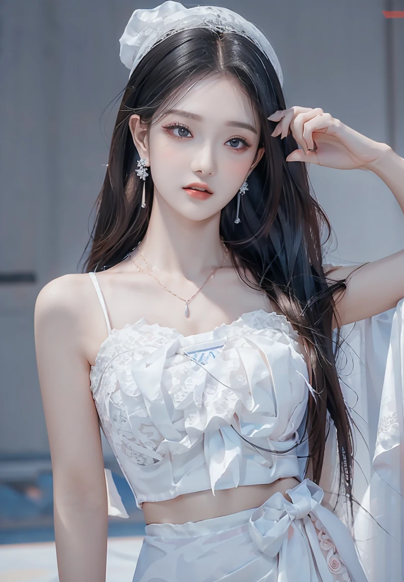 perfect figure beautiful woman:1.4, Layered Hair Style, Protruding cleavage, Snow 2D costume:1.5, jewel, Highly Detailed Face and Skin Textur, double-edged eyelid, Whiten the skin, long whitr hair, Collar, background snow plains, diamond dust