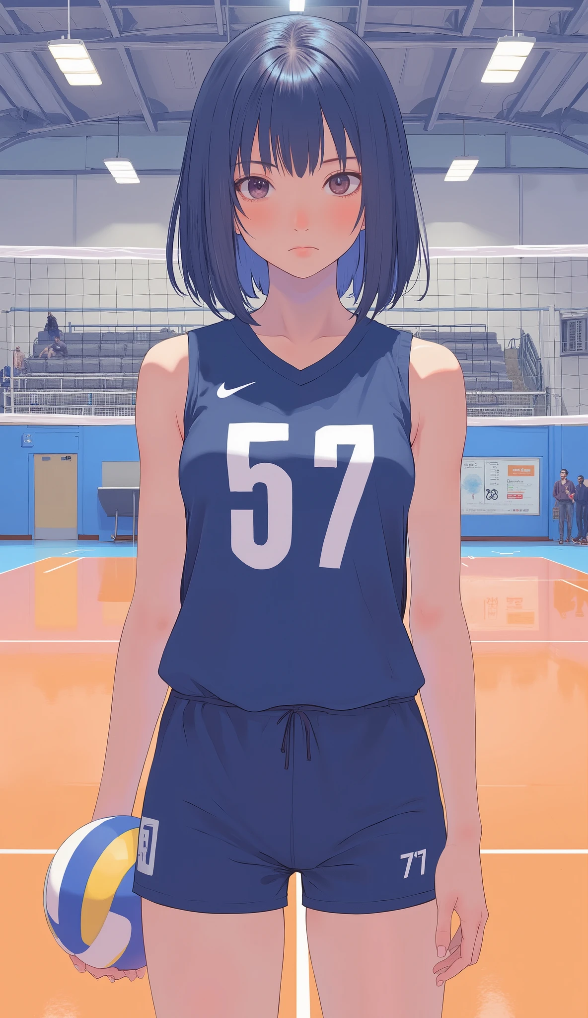 is standing on a volleyball court and, holding a volleyball in the right hand. she wears a sports uniform that fits her body。is a navy blue sleeveless jersey with orange side panels and matching shorts. Her chest is prominently white, with some Japanese characters on it. her dark blue hair is chin-length and slightly disheveled. The background is bright orange flooring and behind the volleyball court A female athlete who suggests an indoor venue illuminated by a net, Bright, Uniform lighting. The focus is on her strong , Sports build, such as UTF-8 is displayed 。emphasizes her posture and how she confidently holds a volleyball on her side.