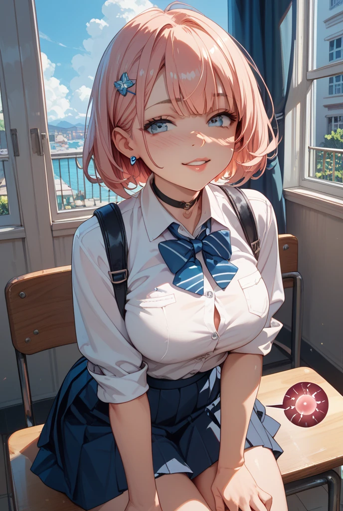 (1 girl),(Best Picture Quality, 8K, Masterpiece:1.3), (high school student:1.5), (pink lob hair:1.1), [mintgreen hair:0.1], (bob cut), (slant skyblue eyes), ((school uniform, white short simple sleeve shirt, darkblue skirt)), (super clear:1.5), (glistening skin:1.1),(pale skin:1.2), (standard weight), (medium breasts), (mintgreen lace bra),(mintgreen lace panties:1.1), (clothes lift, show off bra ,show off panties).