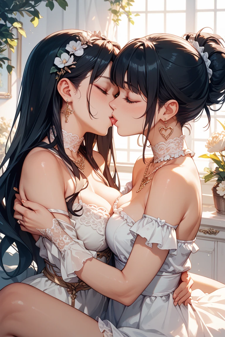 ((Highest quality))、((masterpiece))、(detailed)、((Anatomically correct))、(High resolution、8k)、Two Women、(kiss:1.3)、Two people looking at each other、Half-closed eyes、cowboy shot、 (Beautiful Eyes:1.2)、Gothic Dress、Gorgeous garden with blooming flowers、Petals fluttering、Blue sky、F Cup、Slipping、Nipples、Pressing breasts together