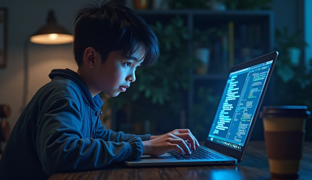 A boy is trying to solving some C program in computer who wearing a glasses।