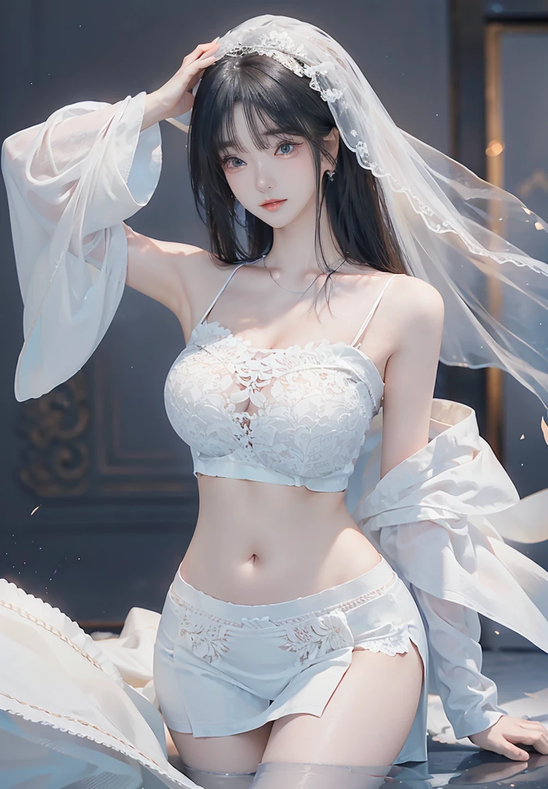 masterpiece, highest quality, Super detailed, Facing the camera, Super detailed, Realistic, Sharp features, Very detailed, Sharp focus, Perfect Face, Perfect Face, Perfect symmetrical perfect eyes, Perfect Plump Lips, Flexible female form, Cinematic, Film Light, Super detailed, hyper Realistic, masterpiece, Atmospheric, High resolution, Vibrant, Dynamic Studio Lighting, ((Dark Background)), The expression when enduring pleasure, Straight bangs, blue eyes,Cowboy Shot,Sexually aroused expression、A white off-the-shoulder wedding dress with a wide open back and a little bit of her buttocks showing、Her thong shorts are showing through、tiara、Buckshot