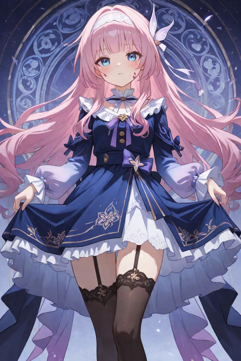Best picture quality、tmasterpiece、full bodyesbian、legs long、Gorgeous princess skirt、blue backdrop、Pink eyes、short  skirt、largeeyes、delicated、Long flowing hair、kawaii、Cute sister