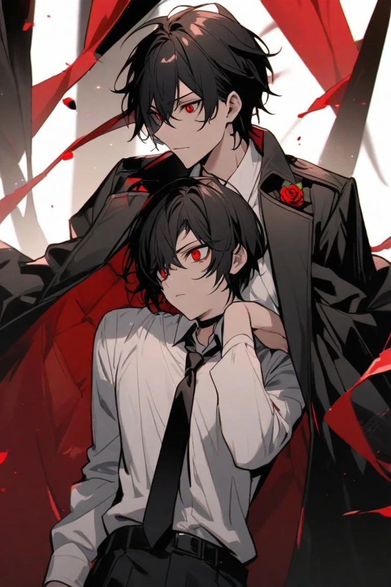 a psychopathic boy with a mullet haircut, wearing a suit, holding a bloody knife, slightly covered in blood, black hair with purple tips, red eyes, exhaling cigarette smoke, torso