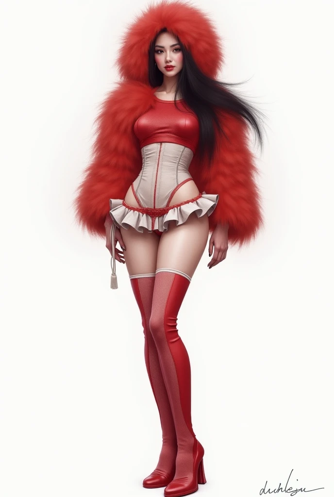(nvinkpunk:1.2) ((full body)) front view beautiful woman of standing, (brown skin), ((long straight black hair with red ribbon), (red lips)), in ((black lingerie)) lace (sexy) , (nice legs with stockings), ((red thong)),(pretty face and earrings), (beautiful red slippers), (((big hip))) wide hip, ((beautiful dinners)), digital painting, artstation, ((3 head proportions)), CharTurner