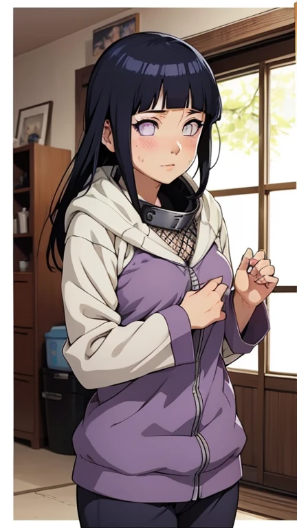 Obra maestra, Altas Resoluciones, alta calidad, Cara detallada, Renderizado detallado del cuerpo, 1girl, solamente, Hyuuga Hinata, Traje sin mangas de Hinata, senos grandes, Pecho grande, Camisa sin mangas, Bigg, Tapa de red, labios oscuros, chaqueta sin cremallera, sin sujetador, pechos hacia fuera, nipslip, En pie, Rubor, (en el dormitorio)