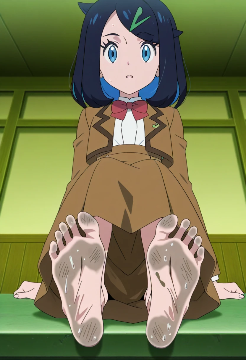 masterpiece, Highest quality, 1 Girl, Lum、 Mature、Sailor suit、Navy Skirt、Sit down、Watching the audience、Show the soles of your feet、 From below, I can see her panties, anime, blush, sexy、 High definition、 Laughing with your mouth open, Yellow neckerchief, Focus on the soles of your feet