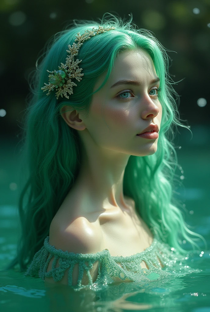 beautiful woman with pale, translucent skin, veins appear on the woman’s arms and chest, where the rivers flow , with green hair with a lot of daisies growing on it, daisies growing in a woman&#39;s hair, her hair is like grass