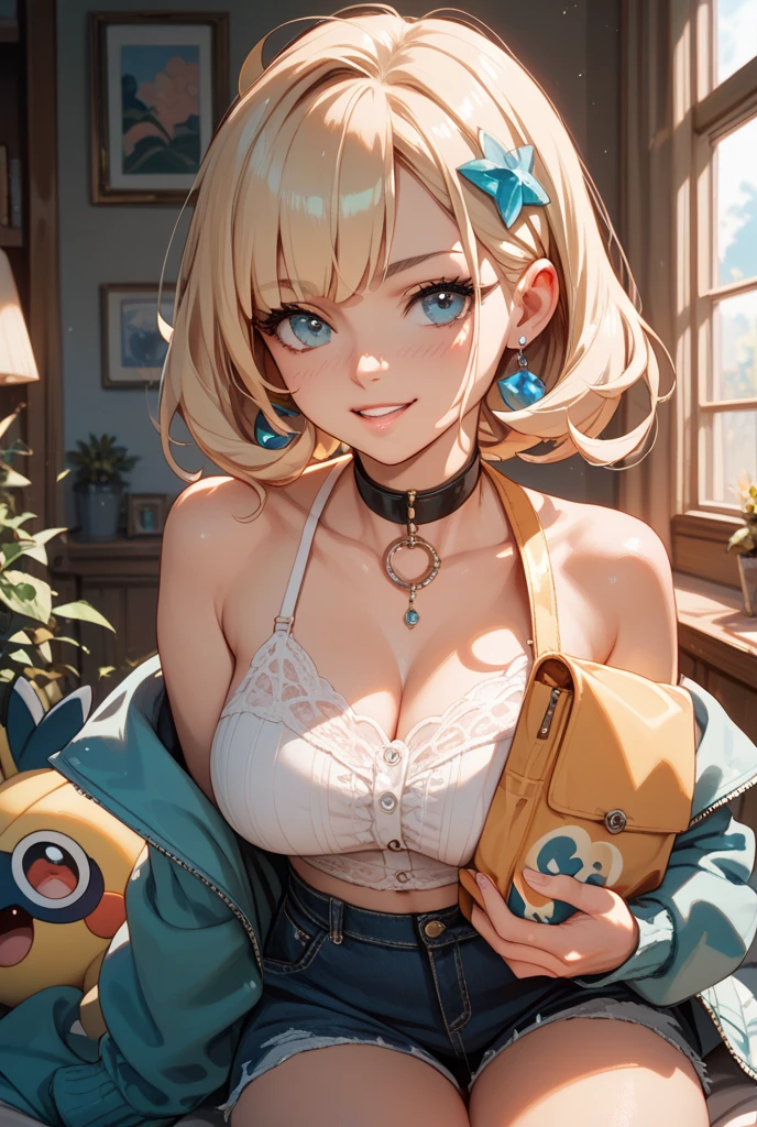 (masterpiece, best quality, hires, high resolution:1.2), (beautiful, aesthetic, perfect, delicate, intricate:1.2), (cute, adorable), (depth of field:1.2), (1girl, solo), (a sexy mature woman), (eyeshadow, eyeliner, glossy lips), (blonde hair), (tied hair, ponytail), (at a game store), (pink puffer jackets), (tight tanktop), (short shorts), (fishnet stockings), navel, (console boxes, game posters), (stacks of game boxes), (cowboy shot:1.4),
