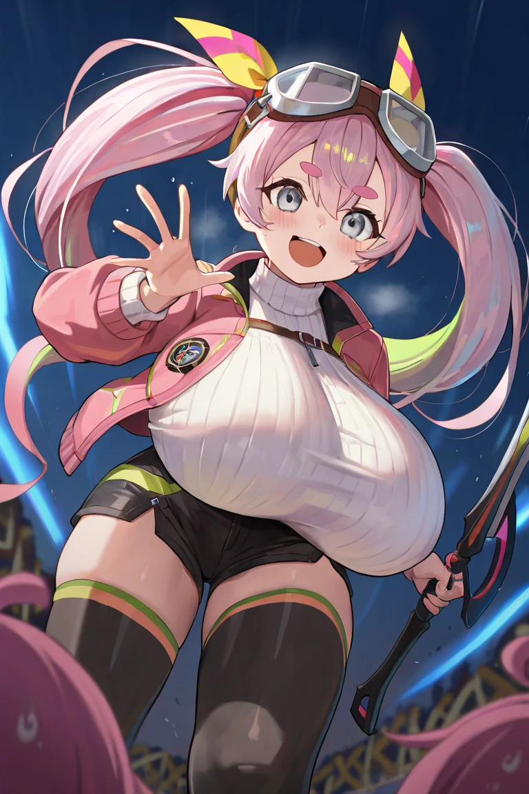 (((masterpiece))), ((highest quality)), (Very detailed), ((High resolution)), ((8k)), One Woman, Big Breasts, Blue and pink hair, Twin tails, Long Hair, Very cute woman, delicate, Charming smile, Green Eyes, Bright Eyes, Best moment, Vivid eyes, cute, Beautiful Skin, cute顔, delicateな腕, Detailed skin texture, Intricate details, Very detailedな顔, Beautiful Eyes, Neon Town,  Looking up, Jagged teeth, Lightning effect, Raise your arms, Thighs,