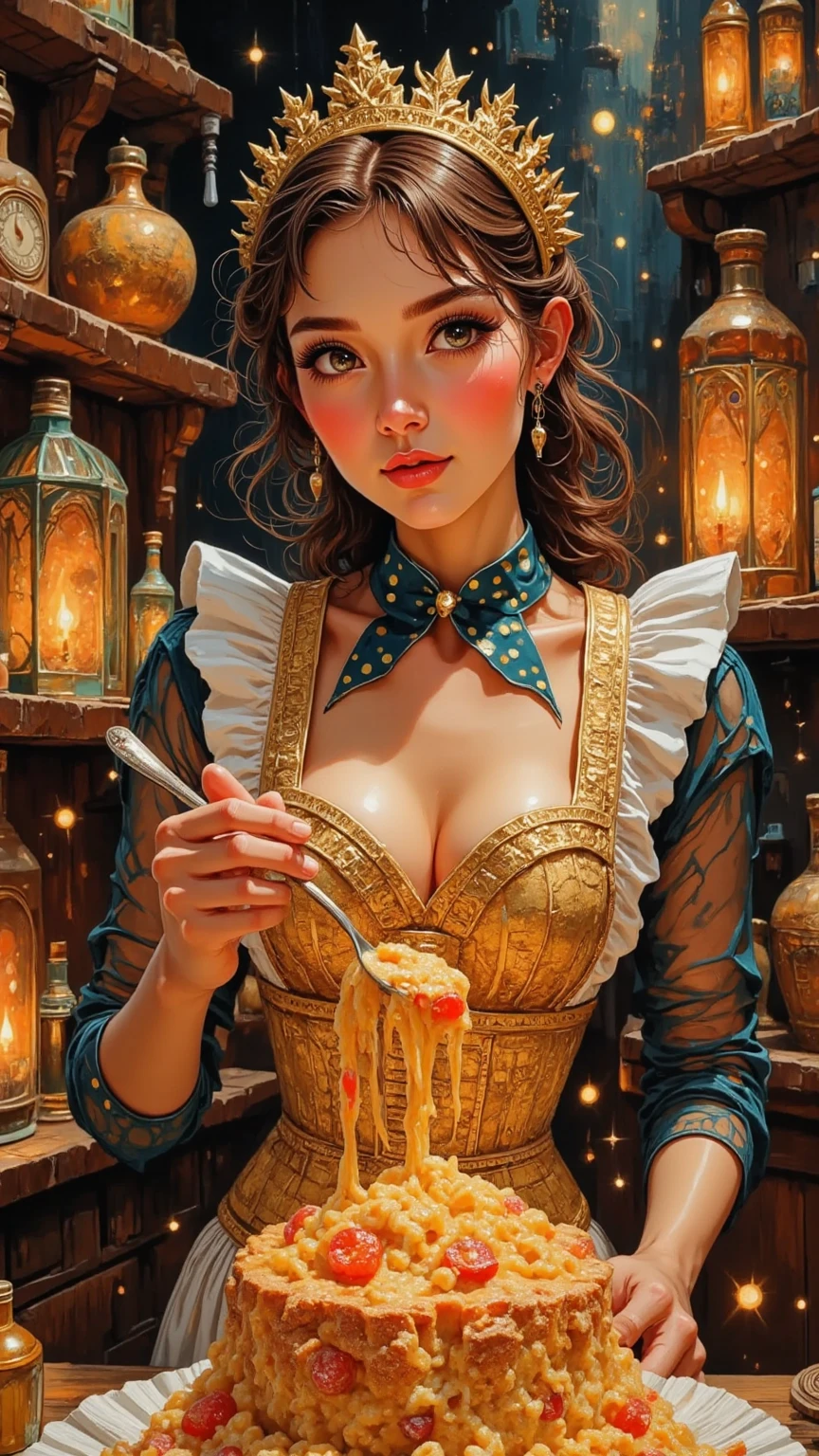 a beautiful 20 year old blonde woman with big messy hair in a blue dress, white stockings, black headband, cleavage, holding a glowing mushroom, fantasy art style, rossdraws cartoon vibrant, alice in wonderland cyberpunk, cute detailed digital art, colorfull digital fantasy art, digital fantasy art ), glossy digital painting, rossdraws pastel vibrant, rossdraws 2. 5, rossdraws 1. 0