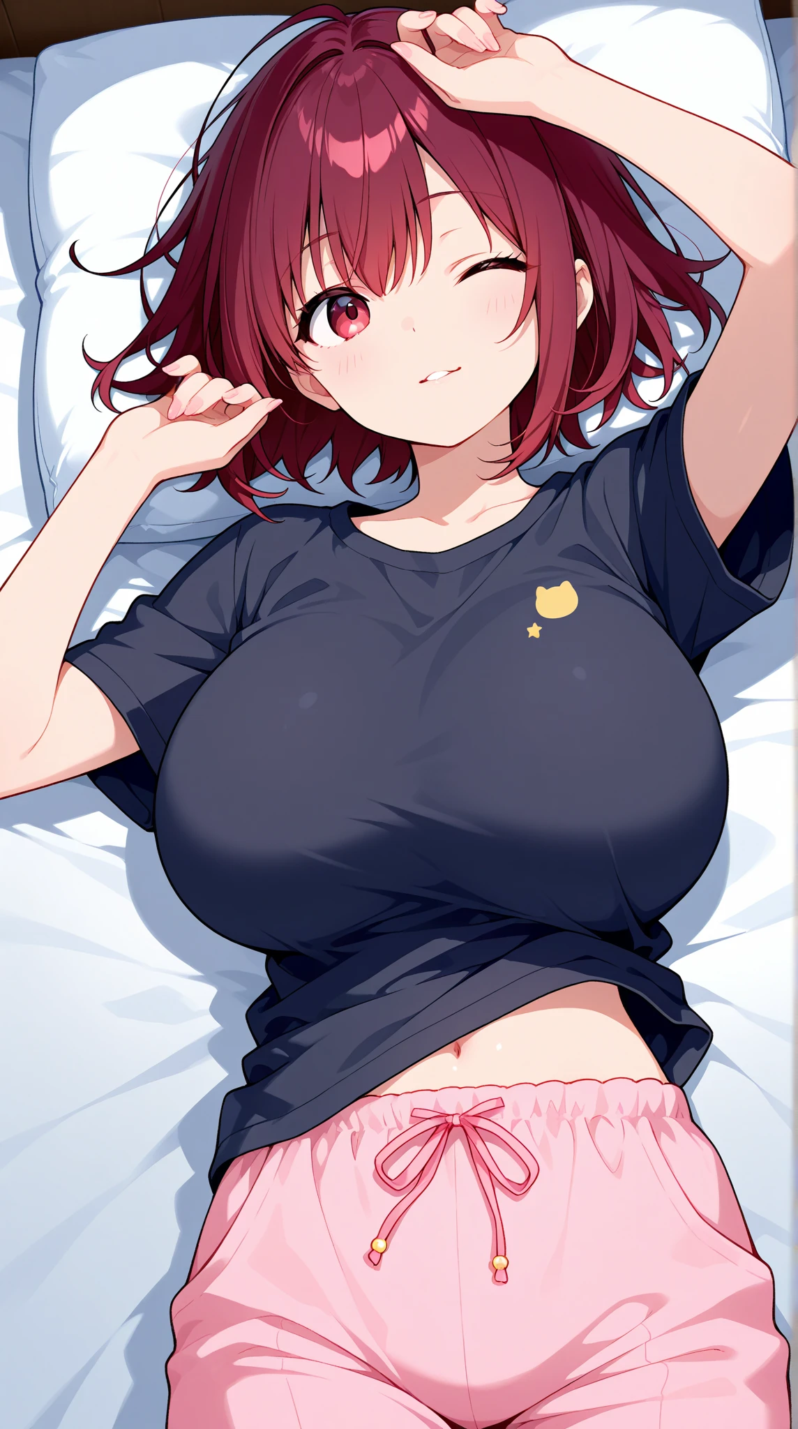 Ginger hair, blue eyes, rounded rear, good breast, thick thighs, wide hips, tall, freckles, at bed, close to viewer, short tomboyish hair, tomboy, messy hair, black hoodie, one girl, orange haired, beautiful, cute, blushing, five fingers, cute, a bit chubby, soft chubby, smiling shily, big soft legs, freckles on face.