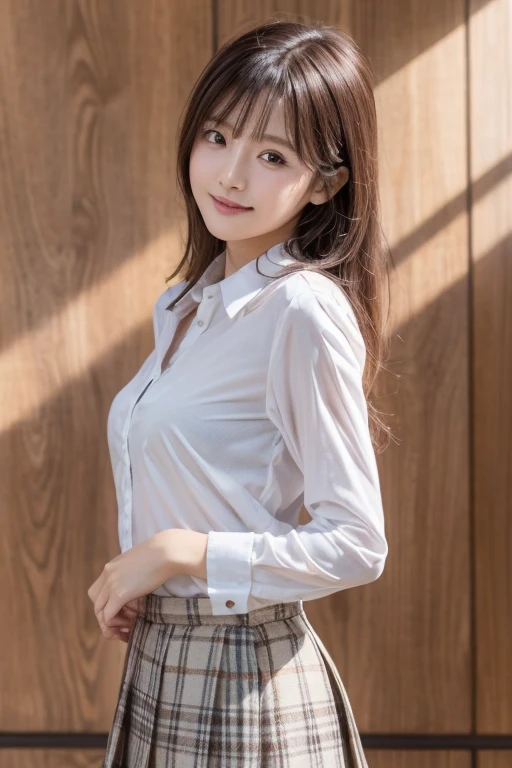 (RAW Photos), (Realistic), (masterpiece), (highest quality), High resolution, 8k, (Intricate details), (Volumetric Light), Portraiture, woman, Age 35, Medium Hair, Straight hair, Layered Hair, Brown Hair, Very beautiful eyes, Source order, Very thin eyebrows, Very fine skin, Very beautiful mouth, Very nice nose, Cute like an idol, smile, (Thick lips), (Looking at the audience), (White Collar Dress Shirt), Above the knee shot,