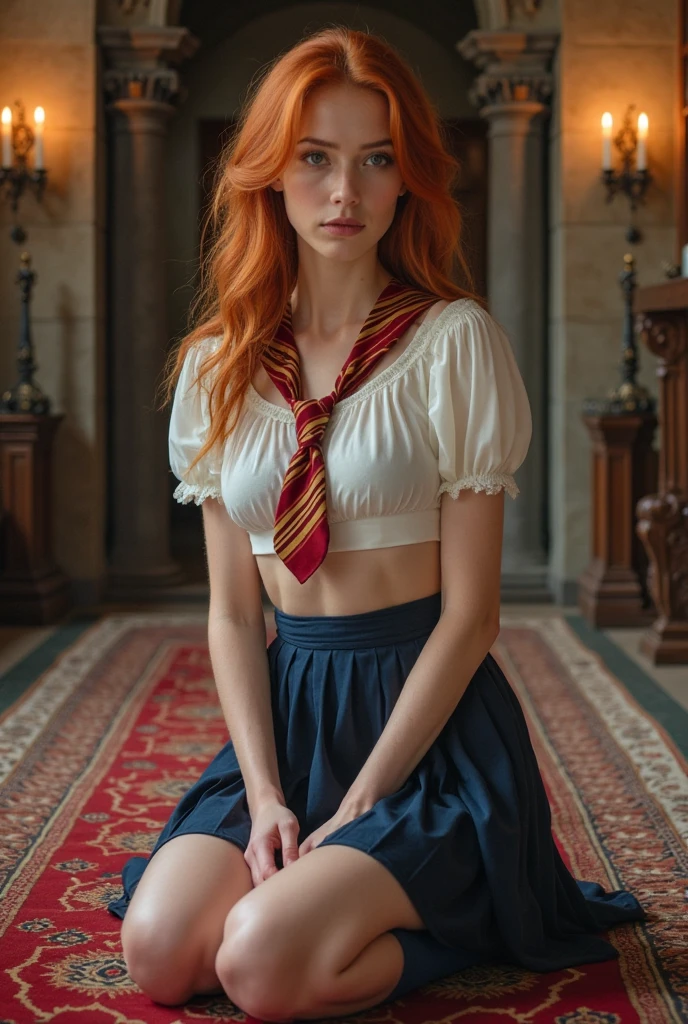 (Realistic:1.2), Photorealistic attractive beautiful woman with braided red hair, Brown eyes, small freckles. wearing a Gryffindor scarf, magic wand, Gaiters, cute sexy, nudist, feminine pose, at Hogwarts, Cinematic lighting, Ethereal light, complex parts, extremely detailed, full color, complex parts, Insanely detailed and confusing, Hyper maximalist, rich colors. Cinematic, smiling, bright colors, detailed beautiful eyes and perfect face, rim light, 16 thousand., Best quality