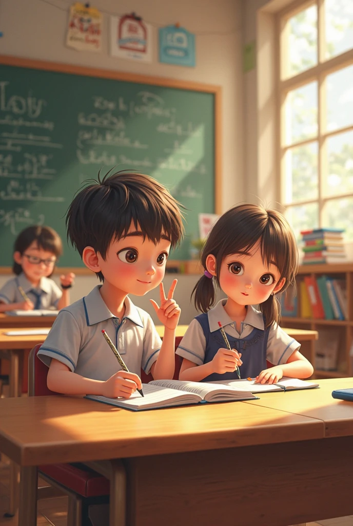 A Indian and brown child sitting on his bench in his classroom with a pencil in his hand and he is around 12 to and a girl sitting on his right side with short hairs and a pen in his hand and he is around 12 to and some students sitting behind them some of them are eating lunch and some of them are studying