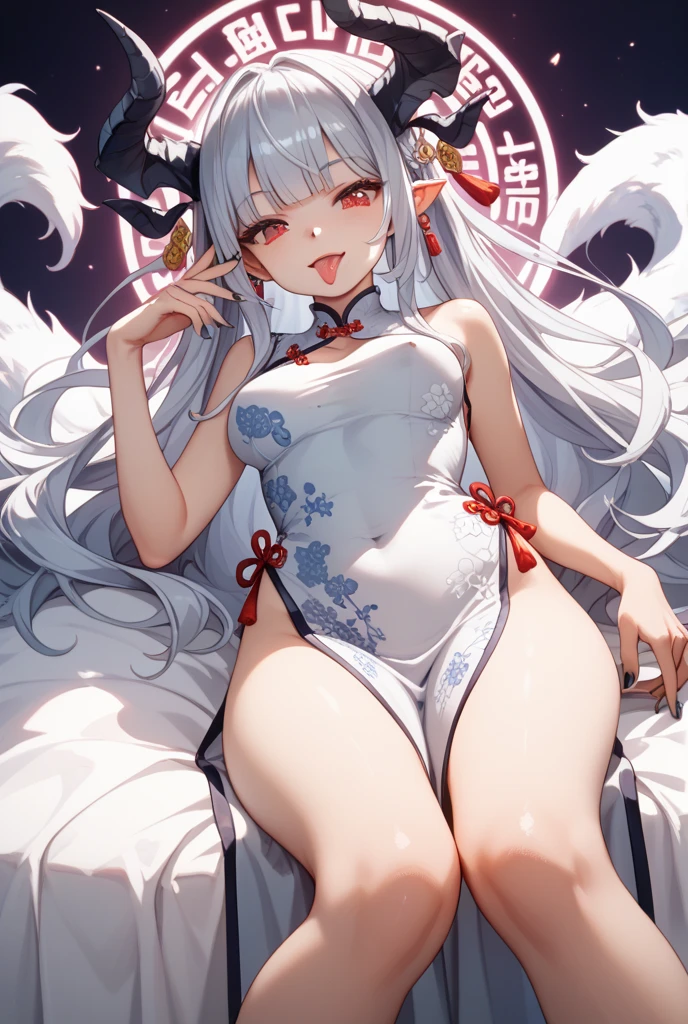One girl with long hair, white hair, long horn, blue inner hair,looking away, purple eyes, embarrassed, blushing, (scared:1.2), angry, tears, naked, pubic visible, nude, white naked chinese dress, perfect waist, thigh, indoor, bedroom, laying on, lie down, arms up, laying on back, from above, (legs spread:1.25), (open legs:1.50),wet, nsfw, night time, dark atmosphere, hair ornament, cum in, (cum:1.5),(cum in:1.5), cum vaginal, pubic area visible, vaginal open, sweating