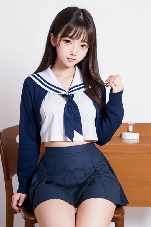 ((highest quality、8k、masterpiece:1.3)),((((cowboy shot)))),Ultra-high resolution,big eyes,Japanese,bangs,(a girl),(1 girl),((20 years old)),((facing at viewer)),(long hair),(((black sailor uniform))),grin,((sitting on chair)),(pleated mini skirt),(((pussy))),((pubic hair)),((skirt lift)),((short crew socks))