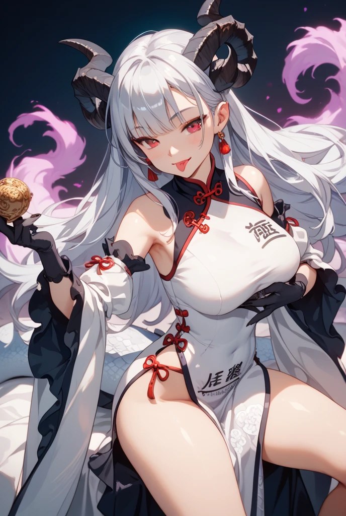Kanna kamui, breasts, white hair, orange eyes, orange and silver dress