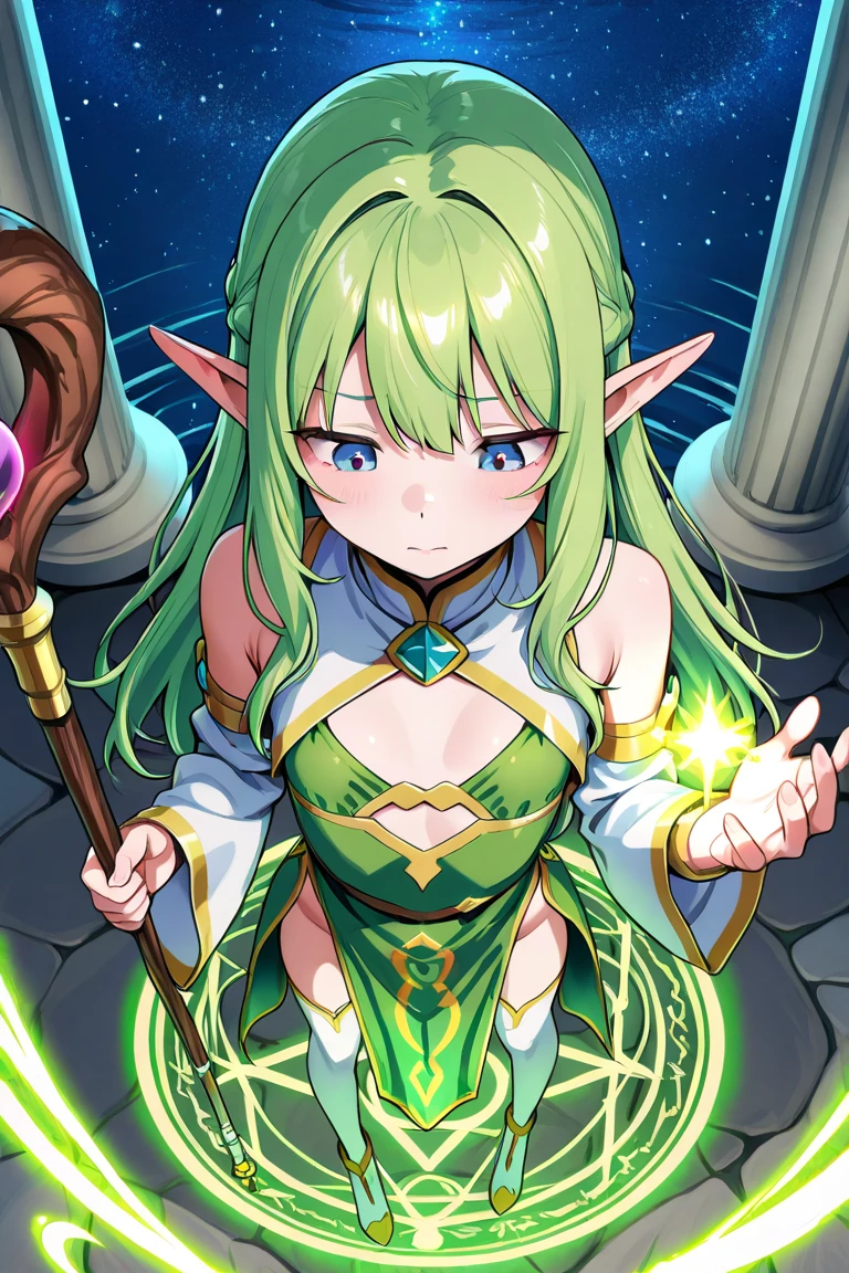 Girl, light green hair, pointed ears, jade eye, NPC_freyja, exposed chest, white clothes with gold details, white wand in hand