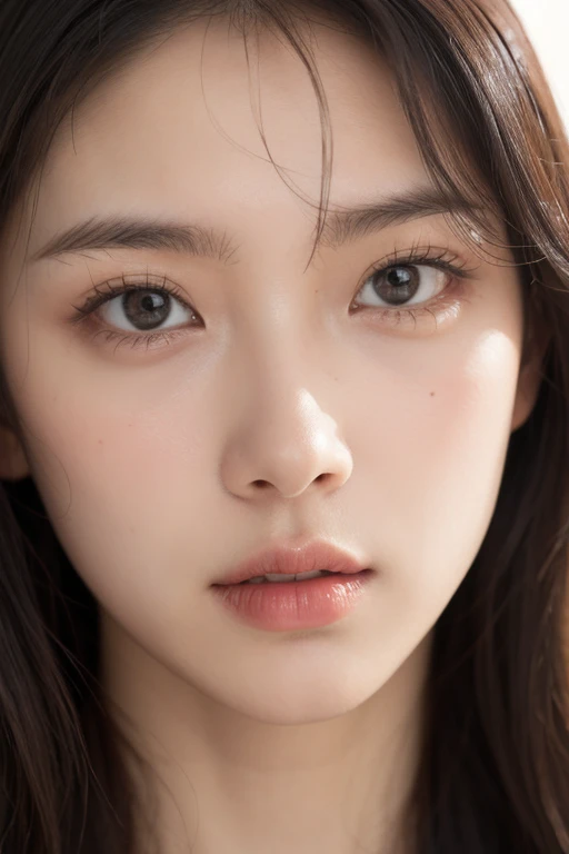 18 year old Japanese female、Wearing a white shirt、Highly detailed face,round face、 Lips Detail,,Big eyes、double eyelid, Detailed black eyes,Thin lips、 Very beautiful face、current eyes, Beautiful Eyes, (Real Skin), Beautiful Skin, Ultra-high resolution、Facing forward and gazing at me、