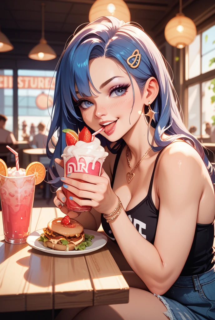 8K, Highest quality, masterpiece, Realistic, Super detailed, photo Realistic, hyper Realistic, Smoother lighting, Improving the lighting quality of movies, Realistic lighting, Backlight, Bright light, Improvement of quality, Highest quality real texture skin,
close, thin, cute顔, smile, Beautiful details in the eyes, 19 years old Korean, cute, Electric blue drill hair, Food,dominatrix high heels