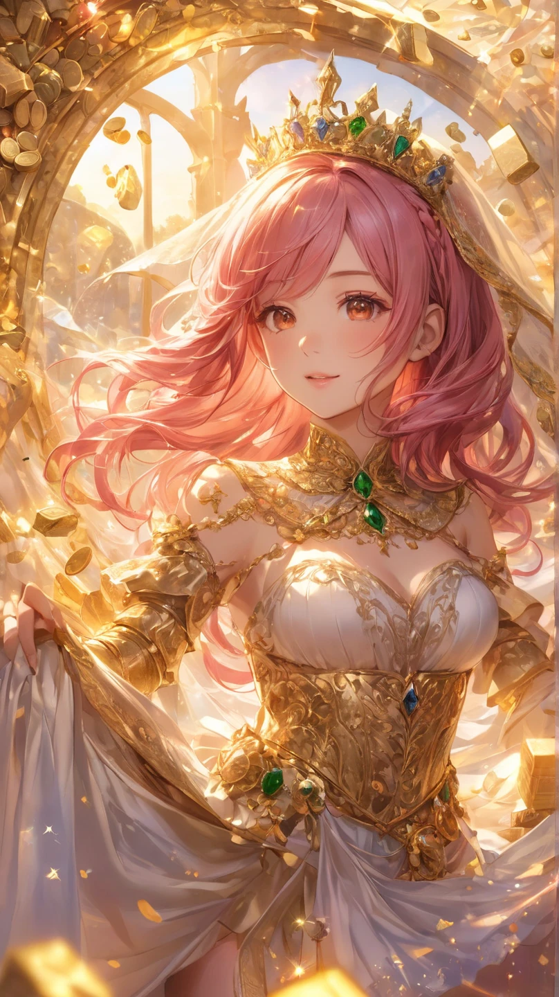 a beautiful girl with pink short hair, angelic, wearing a black dress, a crown on her head, smiling, the queen, noble, fingers with 5 sparkling claws, (best quality,4k,8k,highres,masterpiece:1.2),ultra-detailed,(realistic,photorealistic,photo-realistic:1.37),intricate details,exquisite texture, chiaroscuro lighting,fantasy portrait,dramatic lighting,radiant colors,rich contrasts,delicate features,ethereal presence