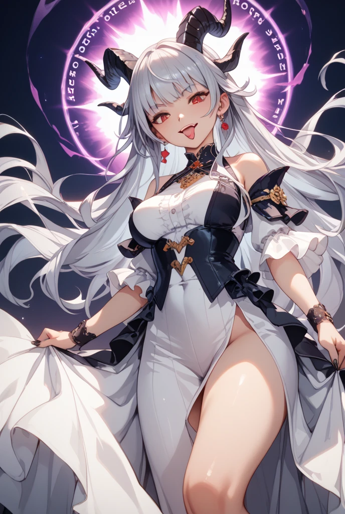 actual, , white hair, big eyes, Smile，open mouth，big breasts，glowing eyes，open lips, blush, daytime，background orc ears，Fox fairy，Kimono decoration，sexy，exposed，charming smile，Half-dressed kimono，white fox ears，White pink fox tail，high thigh slit，，Exquisite background，Mature，red background，Warm colors，red sleeves，Bright colors，white hair，Sense of lens,Lying in bed，Mature women