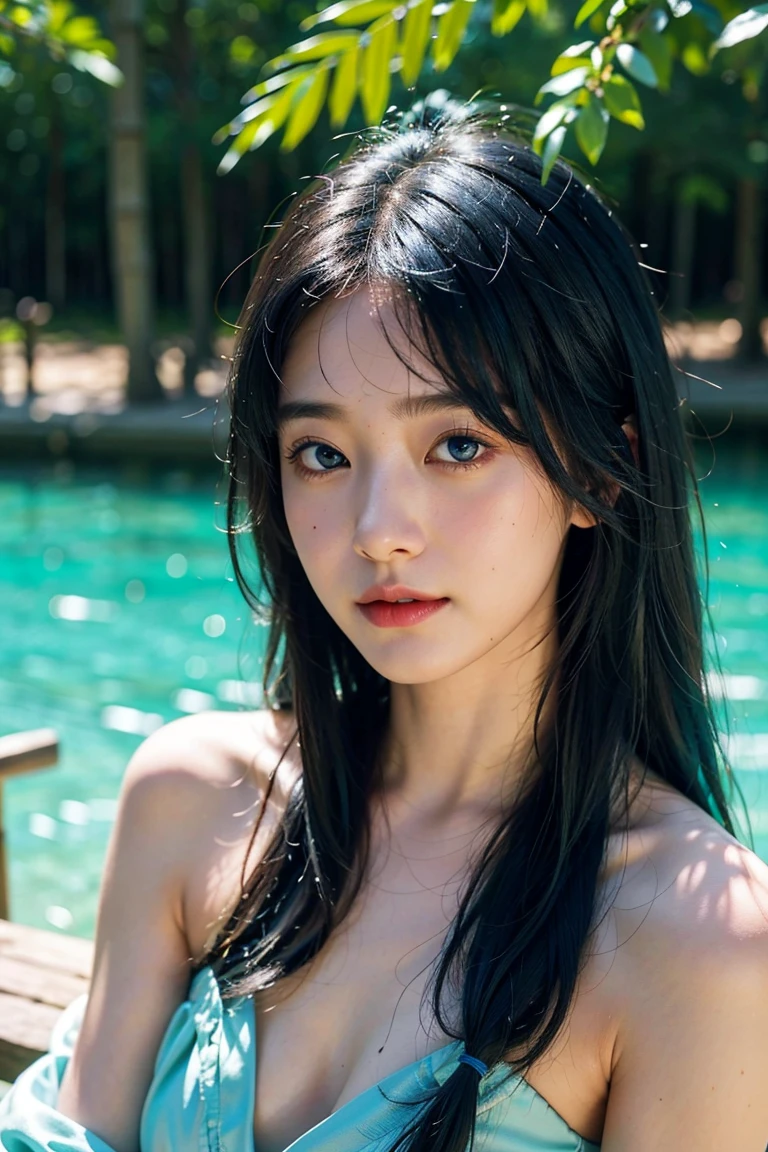 Lying in the sea、an lingerie、One lady、(Long black hair1.3)、With bangs、Nice style、A sexy、(Colossal tits:1.2)、(masterpiece、top-quality)、((20 year old woman:1.2))、Young adorable Japan face, dewy skin, Soft portrait shots,8K,、very extremely beautiful、Looking at the camera、,full body Esbian、Full view