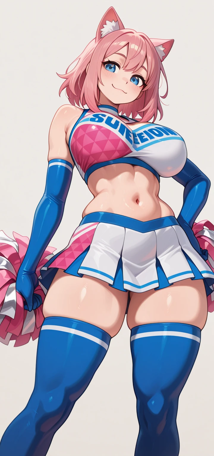 Cheerleader with Pink hair and big and ass wearing small tight outfit that is revealing and you can see her panties from under her skirt
