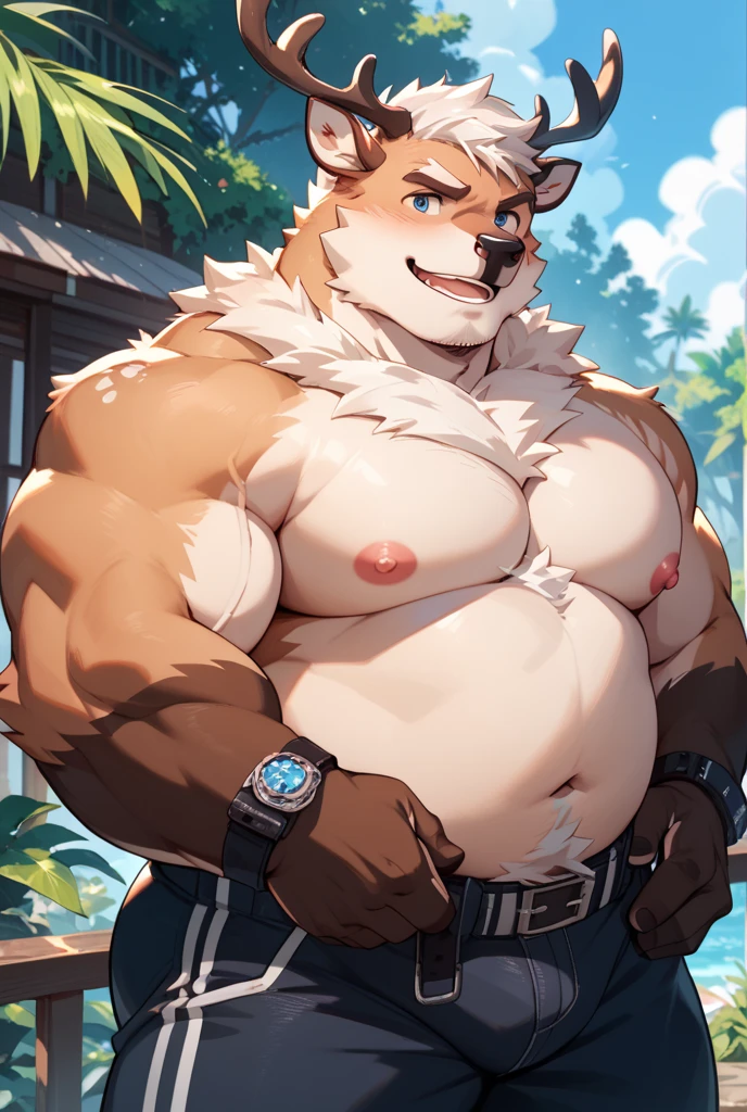 POV,top angle,sleep on stomach,lats,trapezius,butt lift,kemono, anthro (brown dog), male, (brown dog), muscular, back, red body, white belly ,sweat, ((correct anatomy)), sitting on lifegruard tall chair, beautiful beach, perfect beautiful beach background, perfect chair,1 boy, solo, wearing jockstrap, pain expression, canine tooth, hd, dark shadows, wide dynamic range, hdr, low light:1.2, front view, full body, canid, canine, canis, domesticbrown dog mammal, nordic sled brown dog, fullbody, full res, smile, lifeguard, wearing Tank top, full body, camera view, side view, full view, whistle, finger middle, look down at viewer