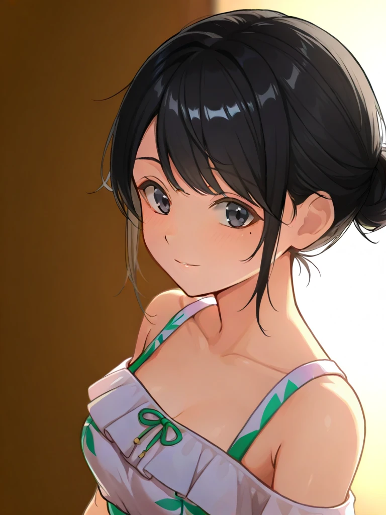 Japanese,Innocent face,Teenage Girl,cute,marble cute bikini,Close-up photo from the waist up,double bun,blunt bangs,short hair,Hair Clip,(blush)