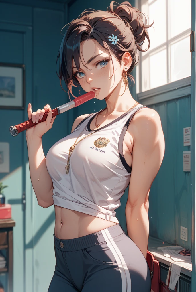 masterpiece,best quality,1girl,solo,nemona,long hair,orange eyes,ponytail,forehead,ahoge,(gym uniform,gym shorts),light smile,confident,looking at viewer,(sweat,sweatdrop,steaming body),cross-body stretch,stretching,gym,indoors,dutch angle,<lora:Concept-control tool-add_detail-CyberAIchemist:0.9>,<lora:nemona pokemon by Goofy Ai:0.9>,<lora:concept_cross-bodystretch:0.9>,