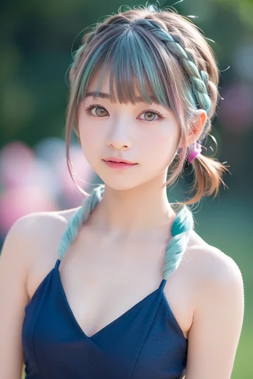 18 year old girl with perfect face and big breasts, cute clothes, slim and slender physique. The skin has detailed and highly detailed eyes (1.1 emphasis), very detailed skin texture (1.1 emphasis). slender necklace, model photo style, photorealistic, skin texture is real human skin texture, detailed skin pores, intricate details, eyes very detailed, colorful hair and colorful dress, rossdraws pastel vivid, artgerm colorful!!!、! dream art germ, highly detailed art germ, from the knee up, little smile, cute pose, sexy mouth, yoga studio, yoga pose, all fours