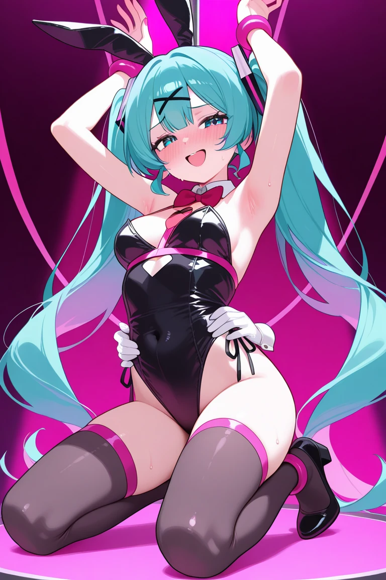 hatsune miku, 1girl, very sexy revealing bright outfit, cute mature smiling face, fishnets on legs and hands, hatsune miku, on dark japanese background, laced revealing shirt, pink stripped tight fitted skirt