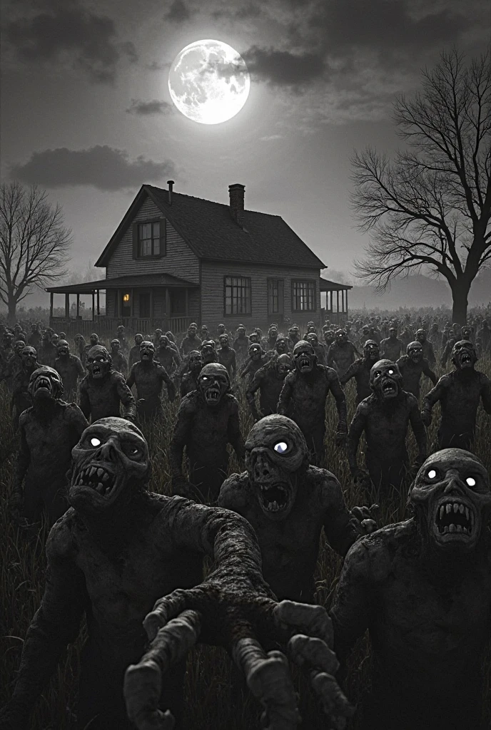 Generates an image of zombies entering a haunted house, similar to a horror movie