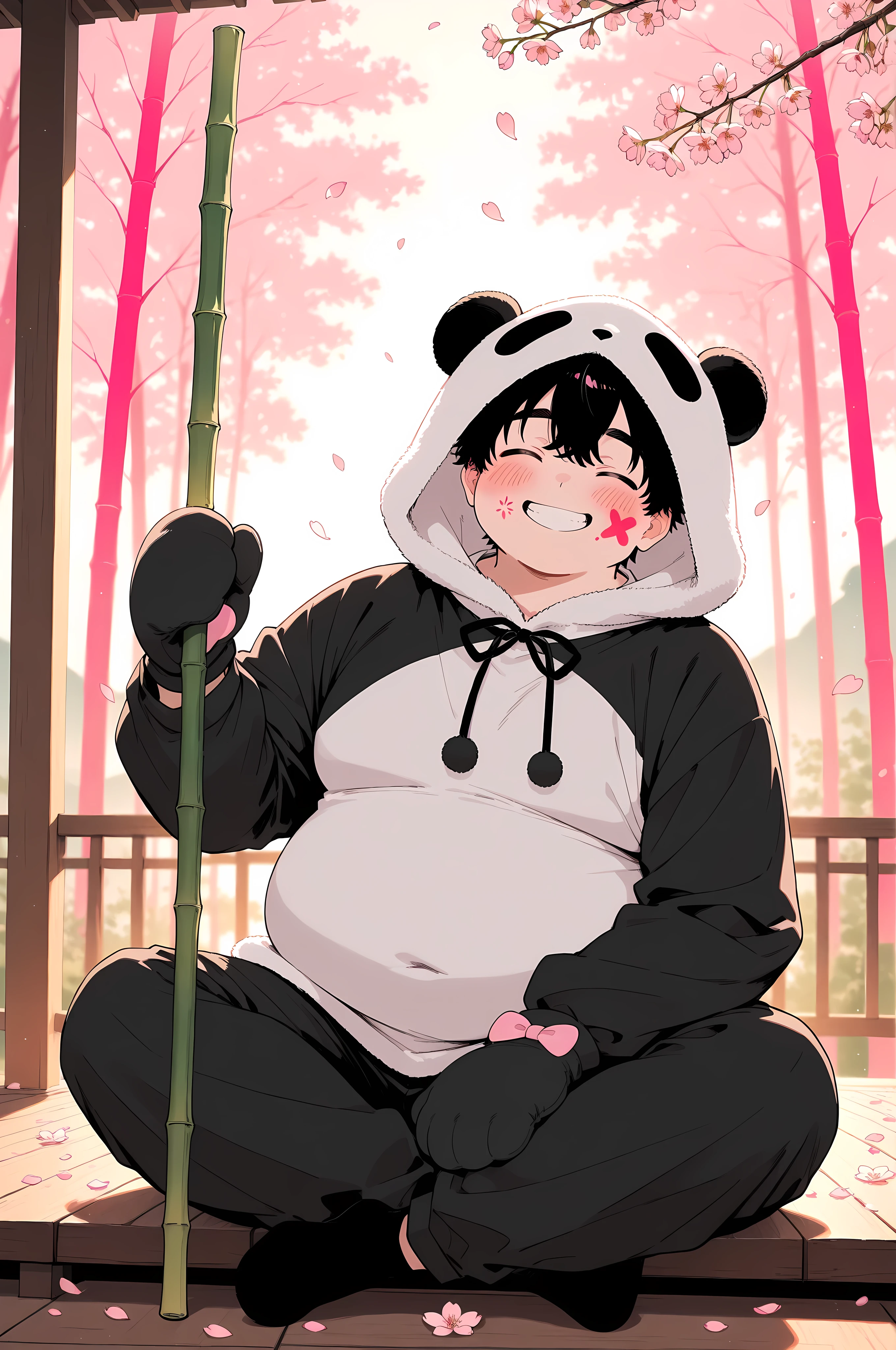 ultra-detailed, vivid colors, absurdres, aesthetic, cinematic lighting, BREAK Adult, 1boy, chubby, wearing a fluffy panda kigurumi, round face, smiling warmly, sitting cross-legged on a wooden porch, cherry blossom petals falling, soft sunset glow, holding a bamboo staff, faint blush on cheeks, minimalist background with blurred pink trees, playful pose, oversized hood, paw-shaped mittens