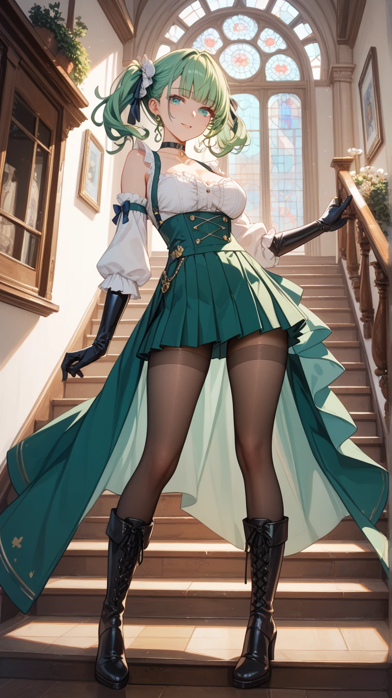 1 girl, long purple hair, flowing, blue eyes, red face, slightly open lips, full and symmetrical breasts, raised buttocks, tight hip skirt (mainly white, black and green stripes on both sides), black knee-length stockings, white high heels, tattoo, chest close-up, buttocks close-up, detailed clothing details, multiple angles, view from below, black sky, dark room, dim lighting, dynamic angle, flowing, 8k wallpaper, masterpiece, best quality, super detailed, best lighting, best shadows